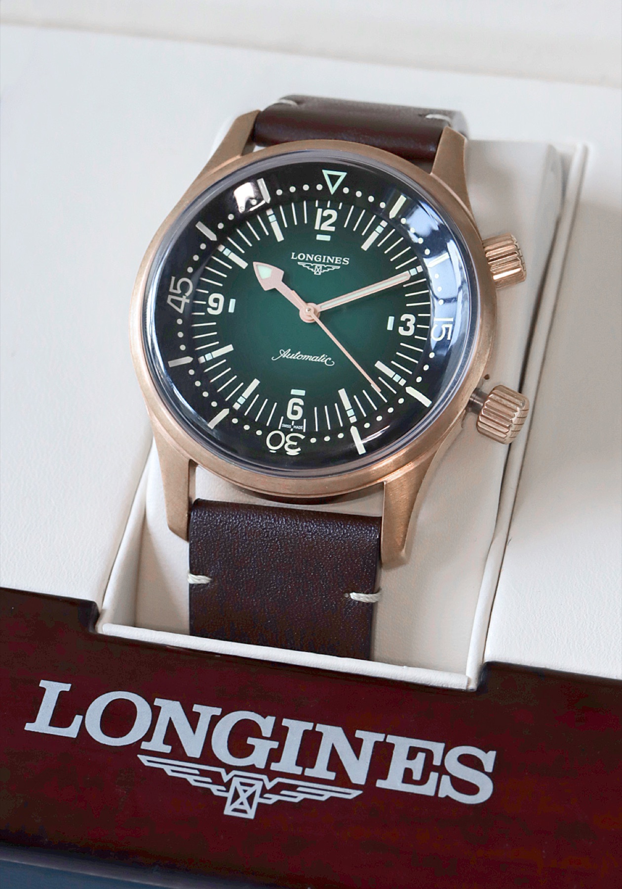 Longines Legend Diver Bronze reference L3.774.1.50.2 with green dial and brown leather strap
