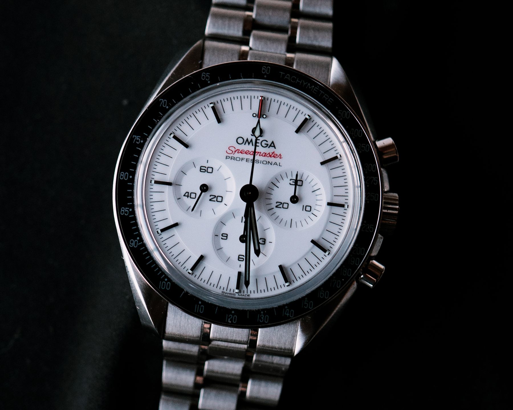 White-dial Omega Speedmaster Professional chronograph in close-up