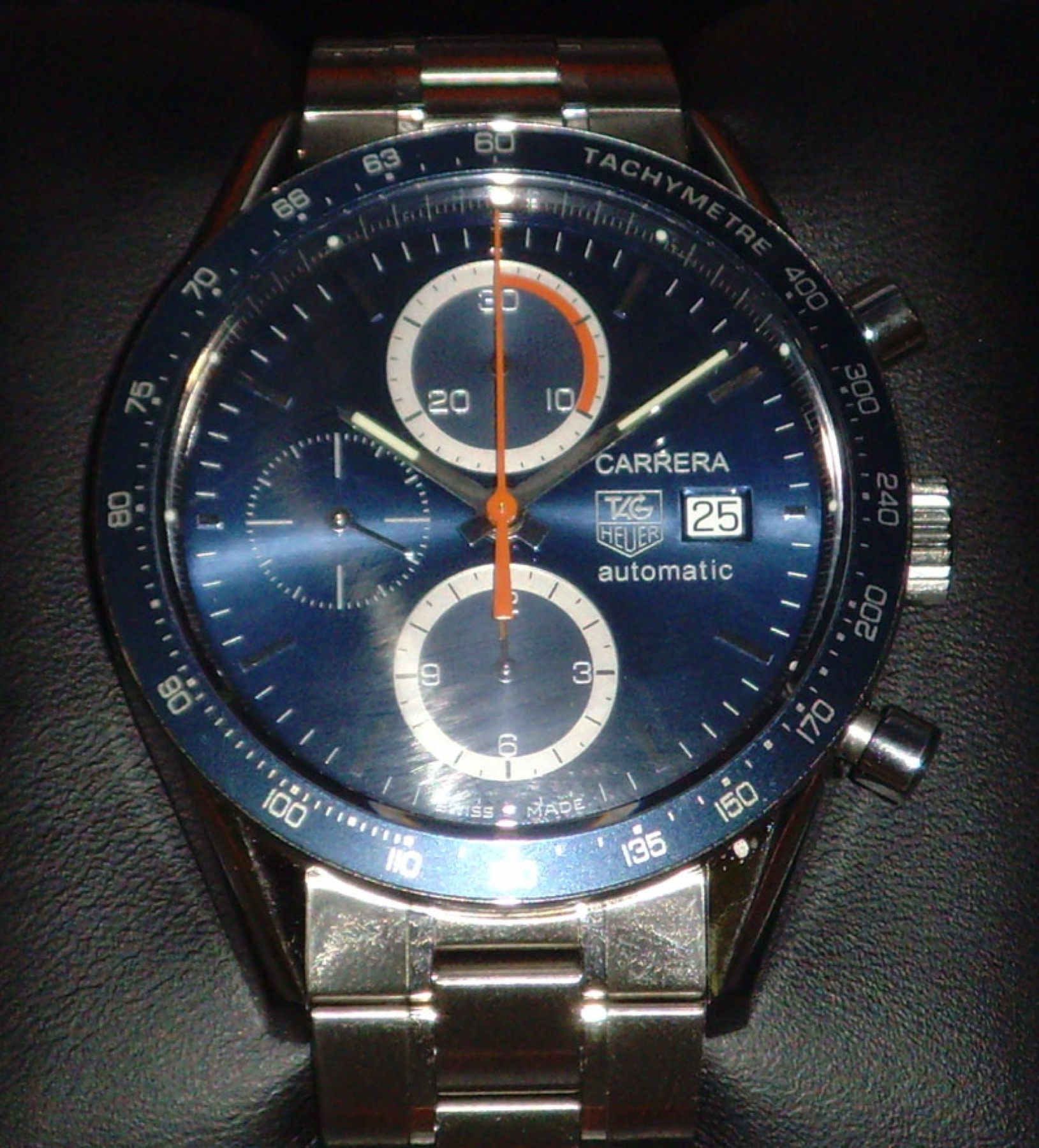 Blue TAG Heuer Carrera automatic chronograph with tachymeter bezel and steel bracelet