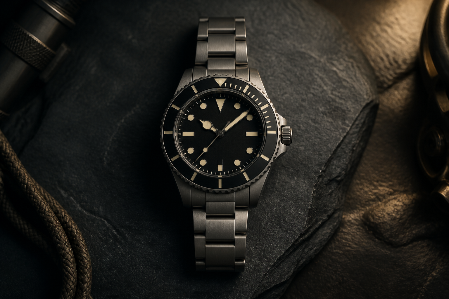 Unbranded modern titanium dive watch photographed on a dark stone surface