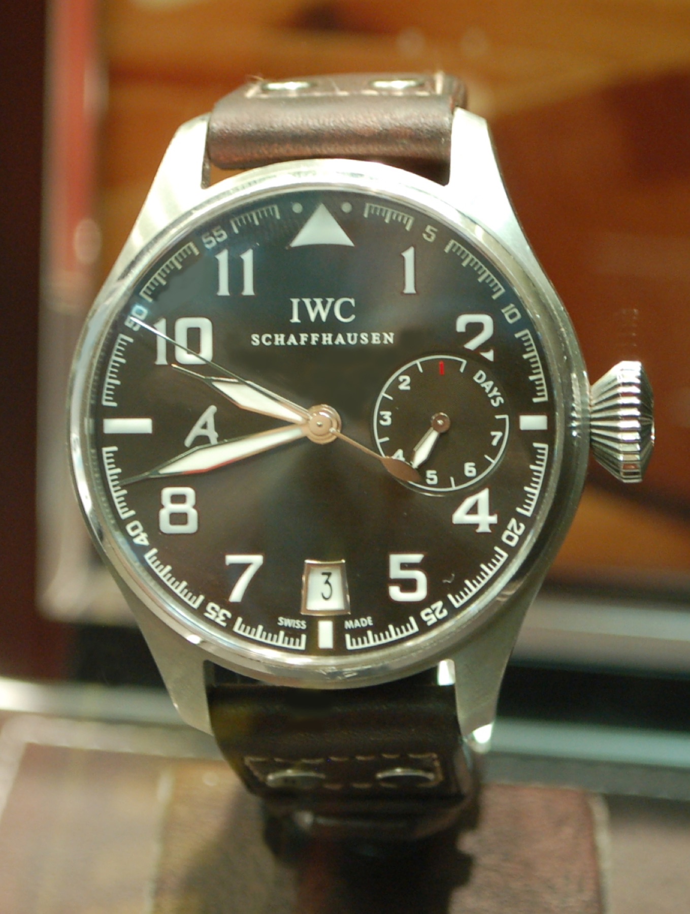 IWC Big Pilot Saint-Exupéry edition with brown dial, large crown and leather strap