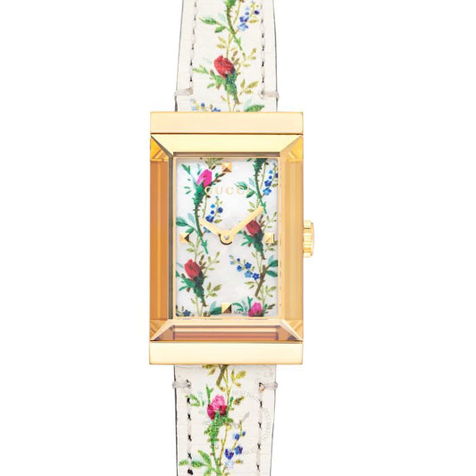 Gucci G-Frame Floral Mother of Pearl Dial White Leather Strap Watch - YA147407