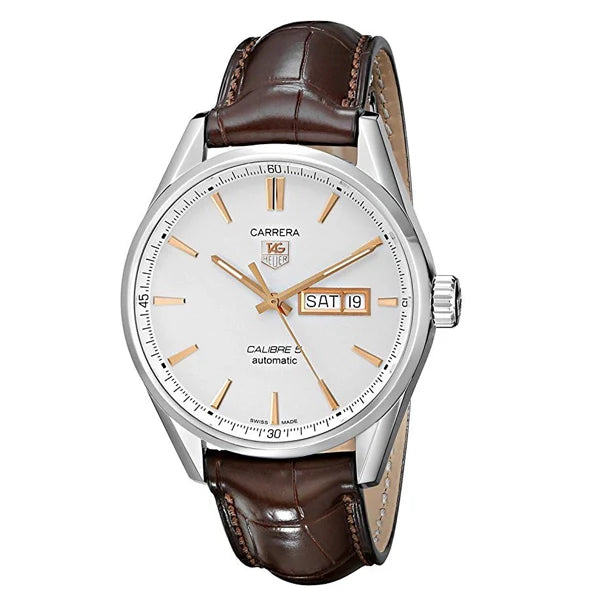 Tag Heuer Carrera Calibre 5 Automatic White Dial Brown Leather Strap Watch- WAR201D.FC6291