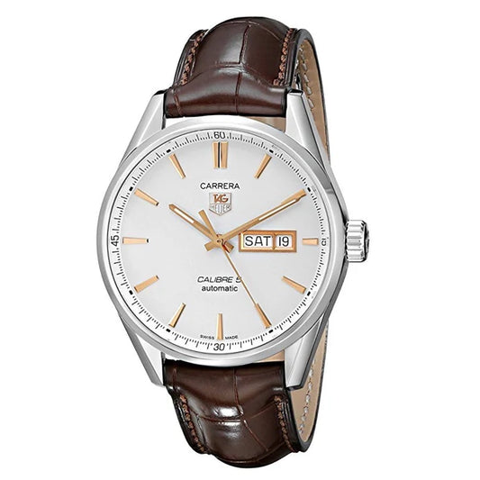 Tag Heuer Carrera Calibre 5 Automatic White Dial Brown Leather Strap Watch- WAR201D.FC6291