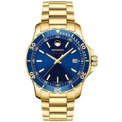 Movado Series 800 Blue Dial Gold Steel Strap Watch- 2600144