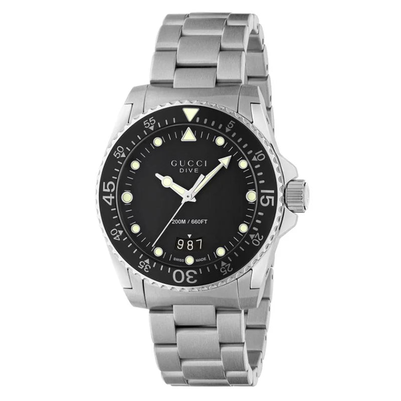 Gucci Dive Quartz Black Dial Silver Steel Strap Watch - YA136301B