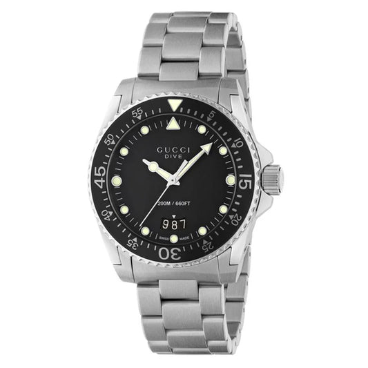 Gucci Dive Quartz Black Dial Silver Steel Strap Watch - YA136301B