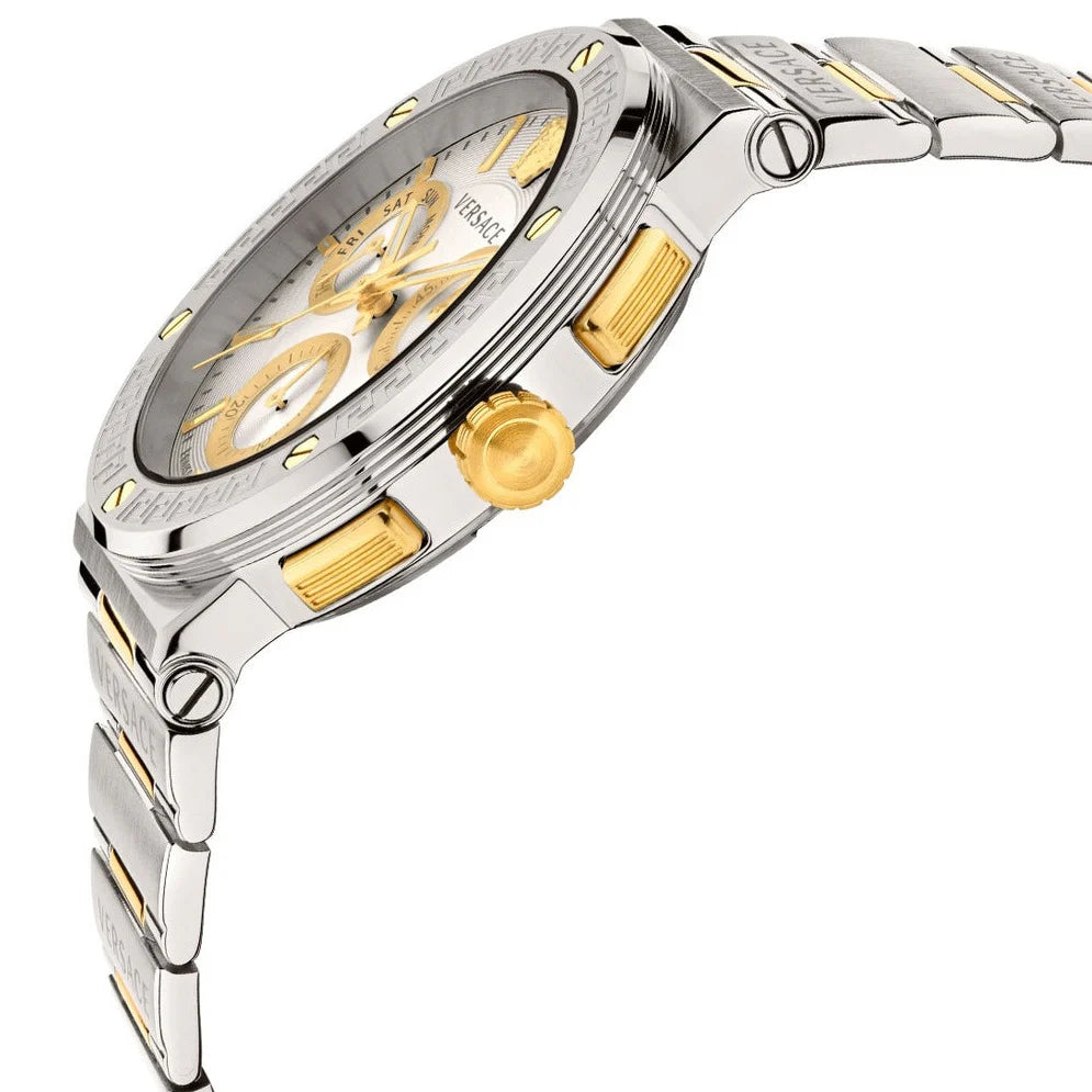 Versace Greca Chronograph White Dial Two Tone Steel Strap Watch- VEZ900321