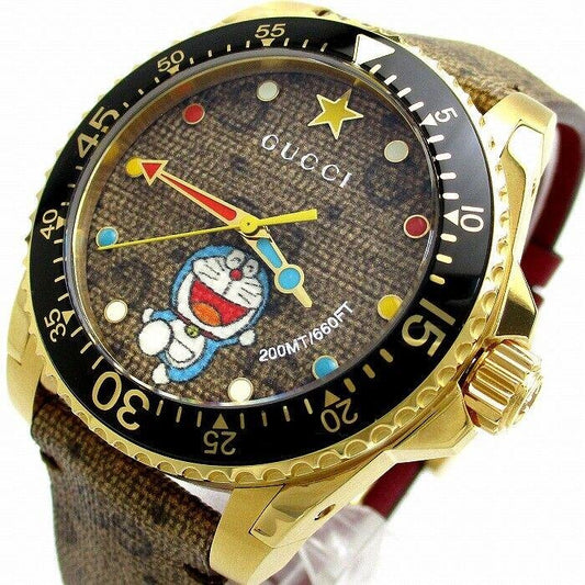 Gucci Dive Doraemon Quartz Brown Dial Brown Leather Strap Watch - YA136335