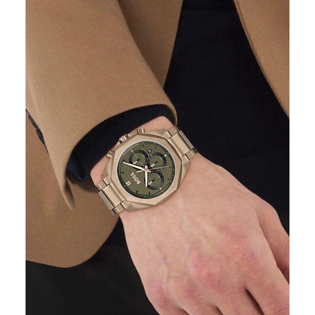 Hugo Boss Classic Chronograph Green Dial Beige Gold Steel Strap Watch  - 1514019