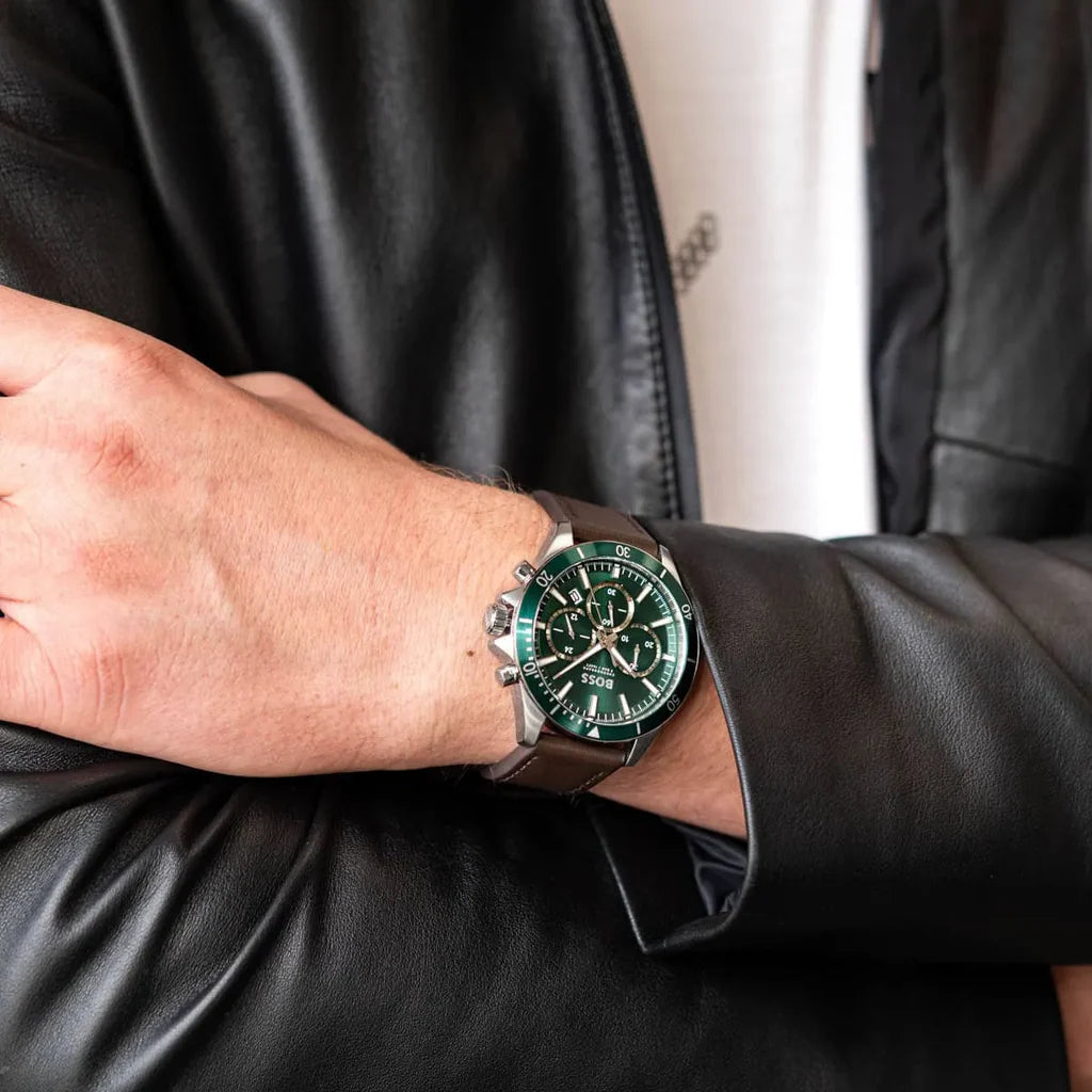 Hugo Boss Troper Chronograph Green Dial Brown Leather Strap Watch - 1514098