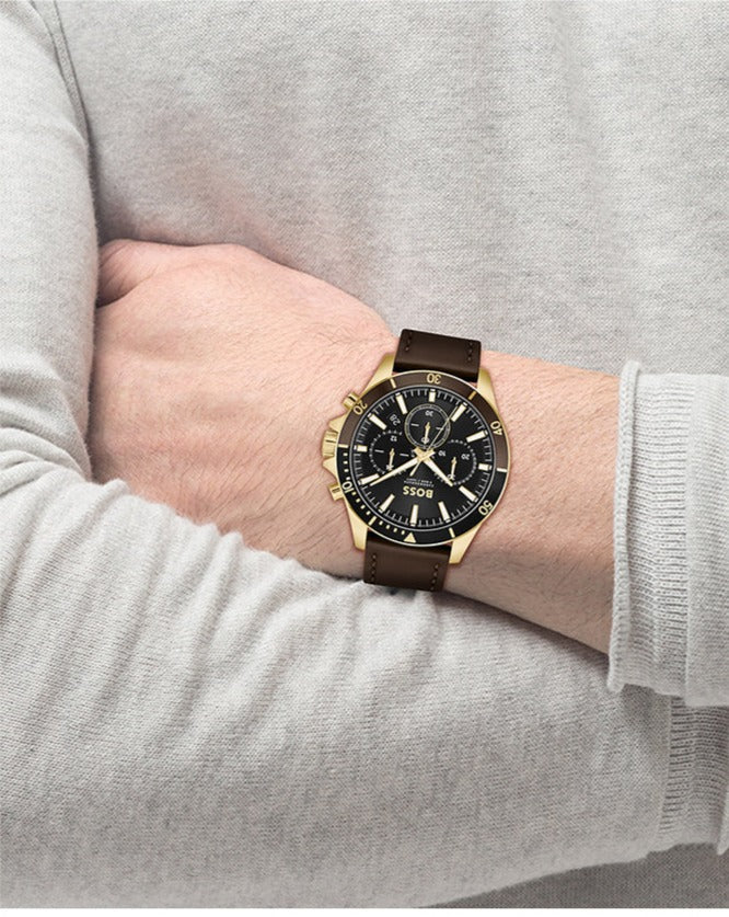 Hugo Boss Troper Chronograph Black Dial Brown Leather Strap Watch - 1514100