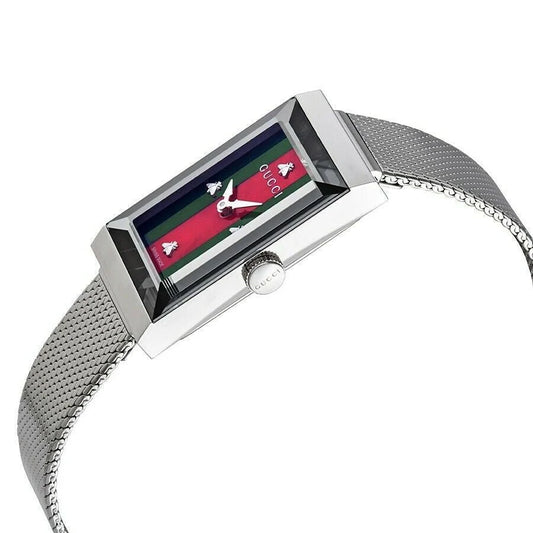 Gucci G Frame Red and Green Dial Silver Mesh Bracelet Watch - YA147401