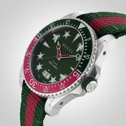 Gucci Dive Quartz Green Dial Two Tone NATO Strap Watch - YA136339