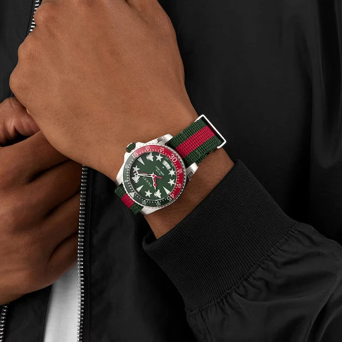 Gucci Dive Quartz Green Dial Two Tone NATO Strap Watch - YA136339