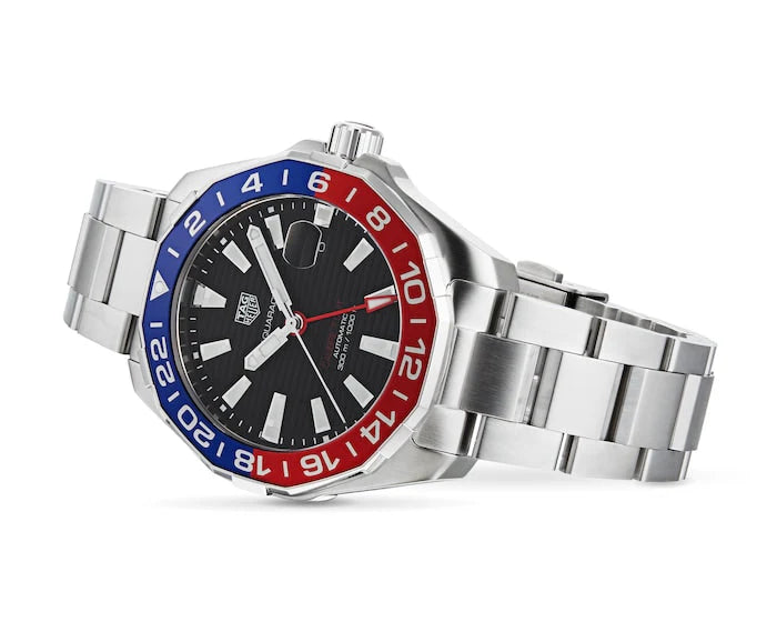 Tag Heuer Aquaracer GMT Caliber 7 Pepsi Black Dial Silver Steel Strap Watch- WAY201F.BA0927