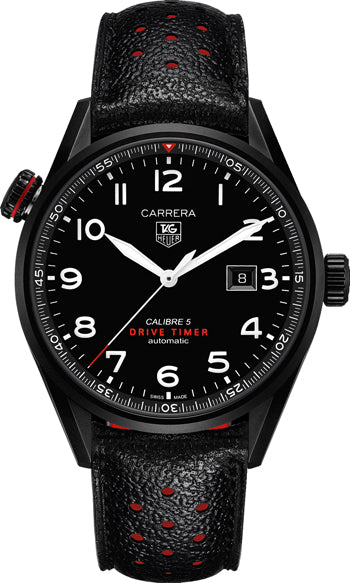 Tag Heuer Carrera Calibre 5 Drive Timer Black Dial Black Leather Strap Watch- WAR2A80.FC6337