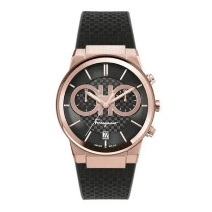 Salvatore Ferragamo Sapphire Chrono Black Dial Black Rubber Strap Watch- SFME00721