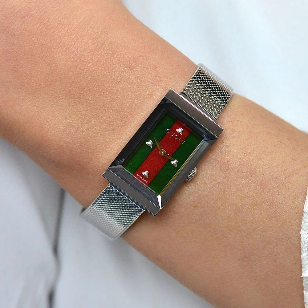 Gucci G Frame Red and Green Dial Silver Mesh Bracelet Watch - YA147401