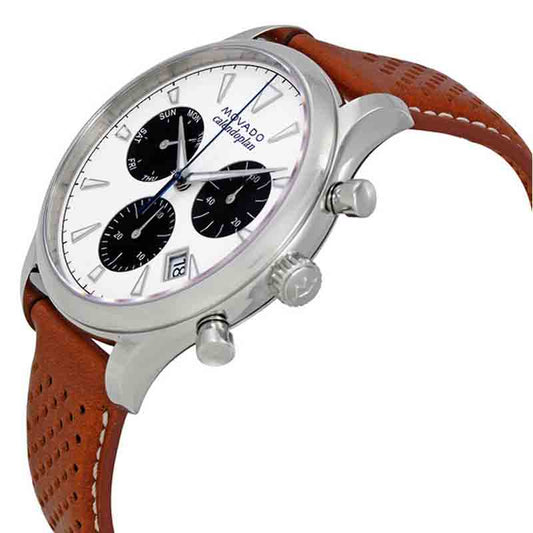 Movado Heritage Calendoplan Chronograph White Dial Brown Leather Strap Watch- 3650008