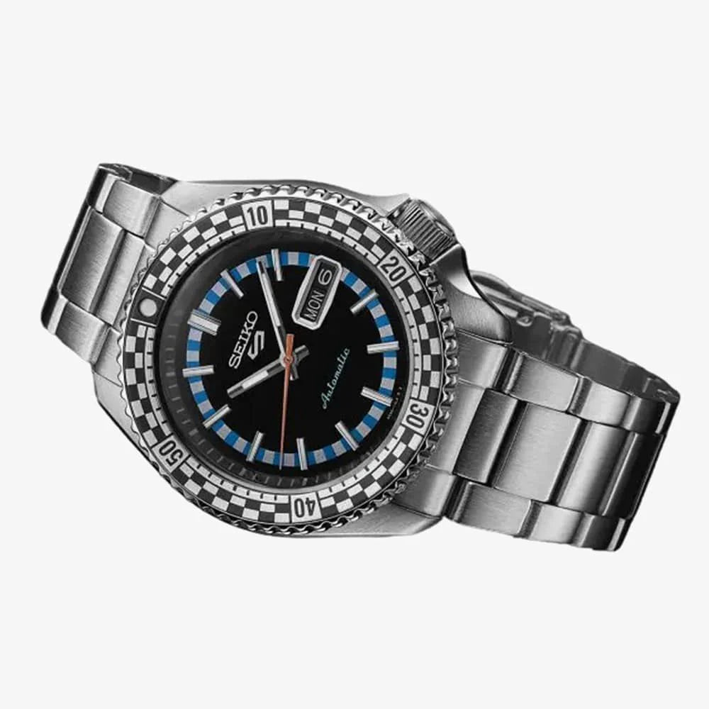 Seiko 5 Sports Checker Flag Special Edition Black Dial Silver Steel Strap Watch- SRPK67K1