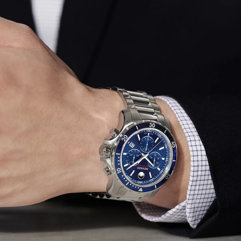 Movado Series 800 Chronograph Blue Dial Silver Steel Strap Watch- 2600141