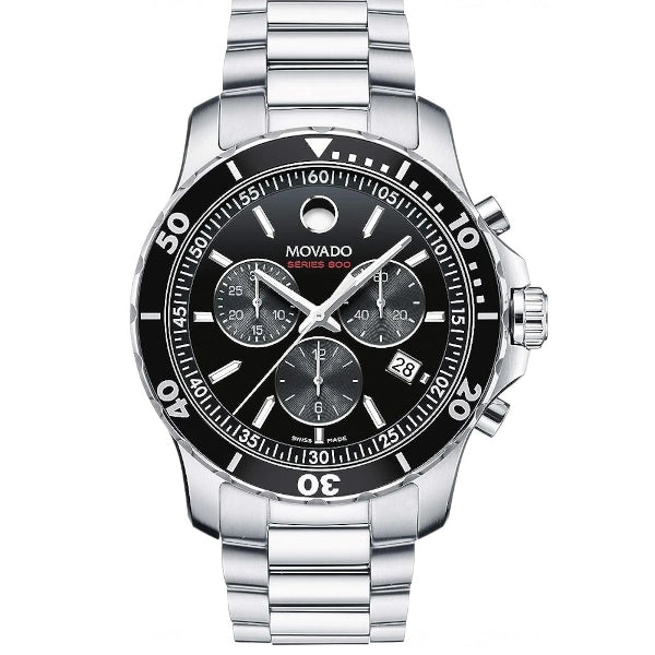 Movado Series 800 Chronograph Black Dial Silver Steel Strap Watch- 2600142