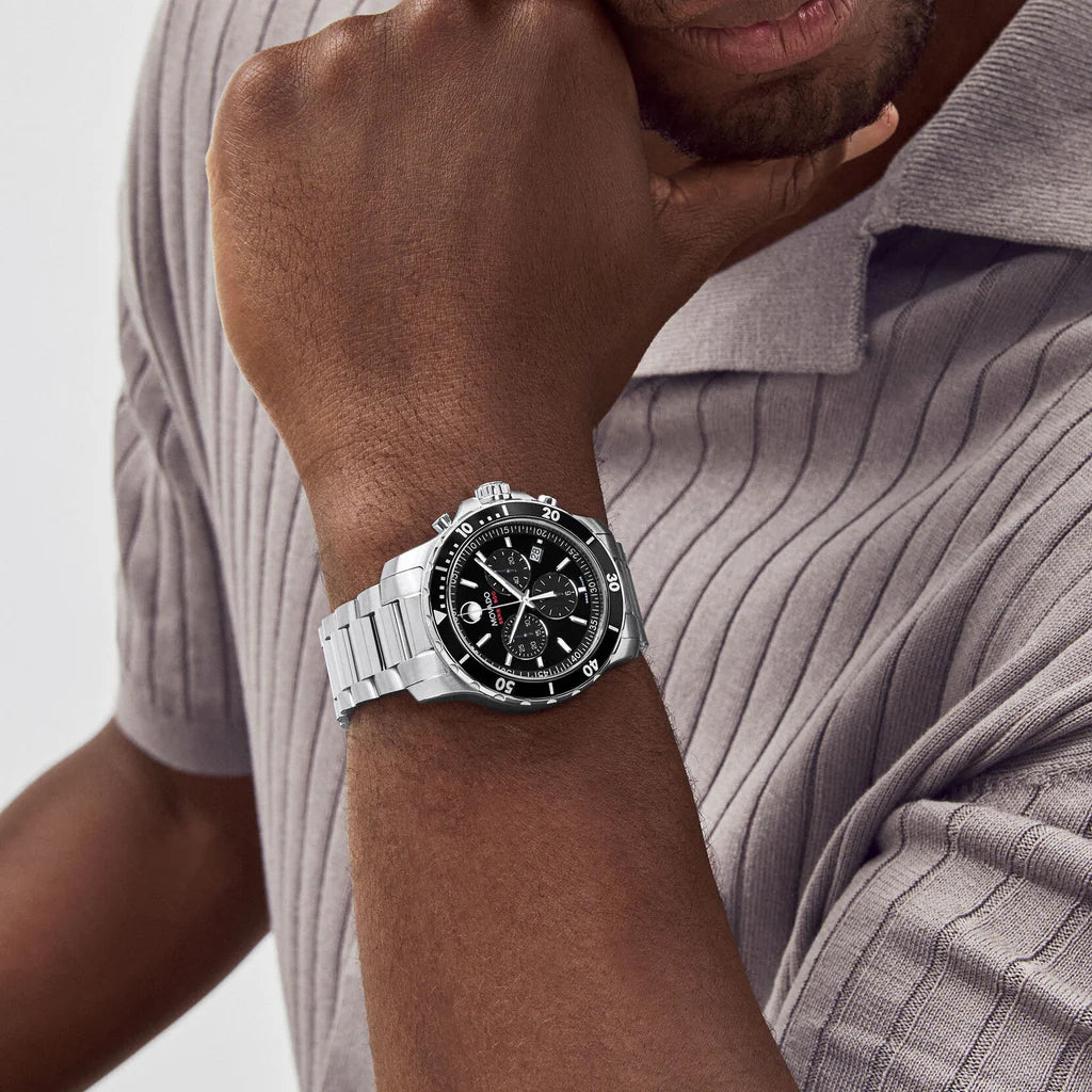 Movado Series 800 Chronograph Black Dial Silver Steel Strap Watch- 2600142