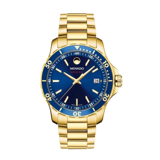Movado Series 800 Blue Dial Gold Steel Strap Watch- 2600144