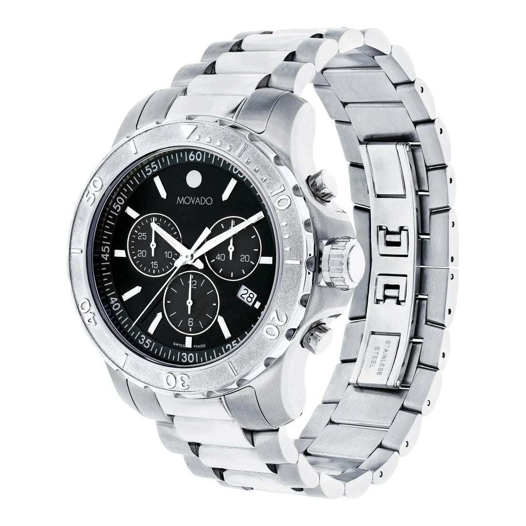Movado Series 800 Chronograph Black Dial Silver Steel Strap Watch- 2600110
