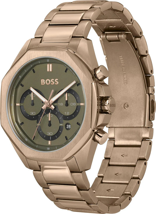 Hugo Boss Classic Chronograph Green Dial Beige Gold Steel Strap Watch  - 1514019