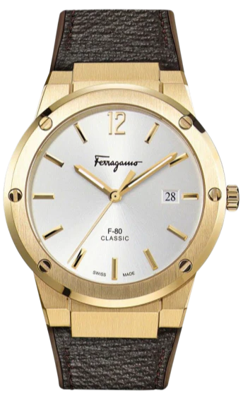 Salvatore Ferragamo F-80 Classic White Dial Brown Leather Strap Watch- SFDT00819