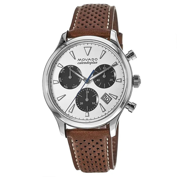 Movado Heritage Calendoplan Chronograph White Dial Brown Leather Strap Watch- 3650008