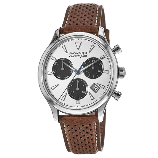 Movado Heritage Calendoplan Chronograph White Dial Brown Leather Strap Watch- 3650008