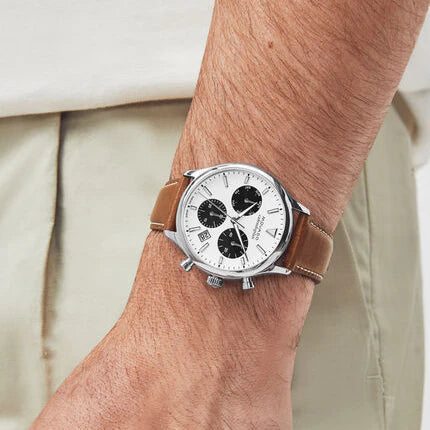 Movado Heritage Calendoplan Chronograph White Dial Brown Leather Strap Watch- 3650008