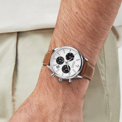 Movado Heritage Calendoplan Chronograph White Dial Brown Leather Strap Watch- 3650008