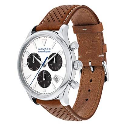 Movado Heritage Calendoplan Chronograph White Dial Brown Leather Strap Watch- 3650008