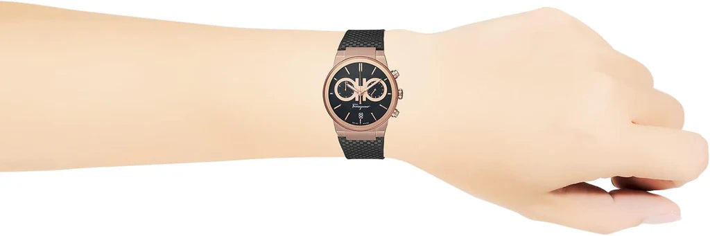 Salvatore Ferragamo Sapphire Chrono Black Dial Black Rubber Strap Watch- SFME00721