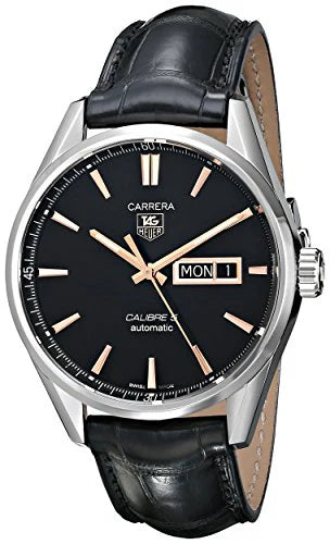 Tag Heuer Carrera Calibre 5 Automatic Black Dial Black Leather Strap Watch- WAR201C.FC6266