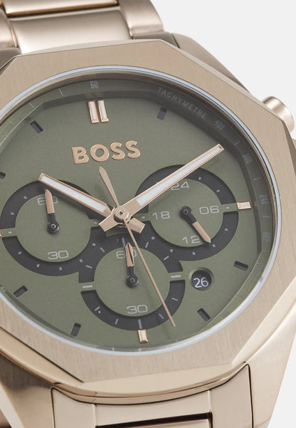 Hugo Boss Classic Chronograph Green Dial Beige Gold Steel Strap Watch  - 1514019