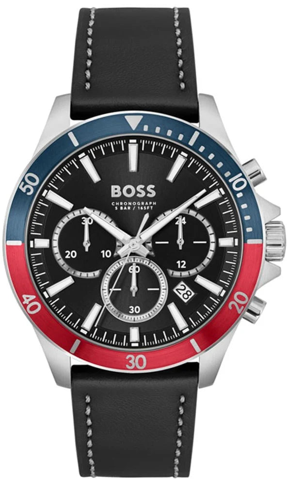 Hugo Boss Troper Chronograph Black Dial Black Leather Strap Watch - 1514099