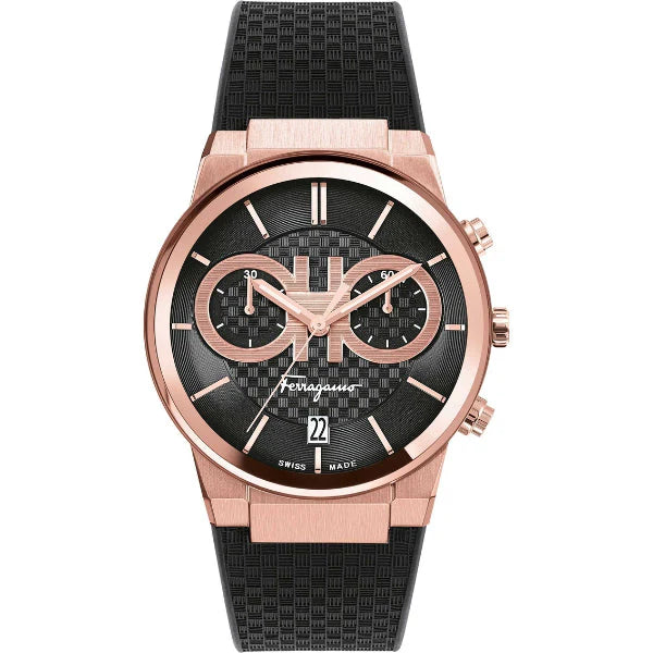 Salvatore Ferragamo Sapphire Chrono Black Dial Black Rubber Strap Watch- SFME00721
