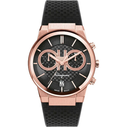 Salvatore Ferragamo Sapphire Chrono Black Dial Black Rubber Strap Watch- SFME00721