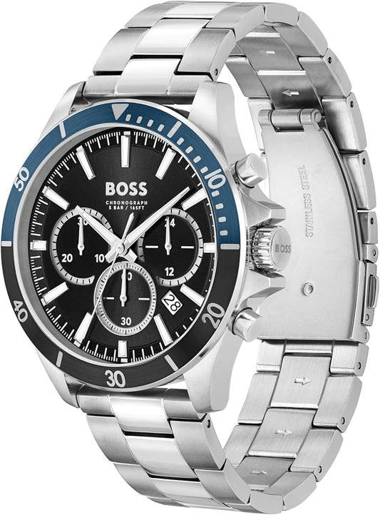 Hugo Boss Troper Chronograph Black Dial Silver Steel Strap Watch - 1514101