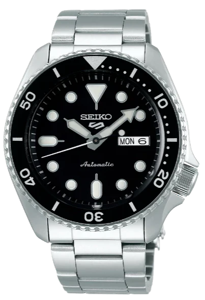 Seiko 5 Sports Automatic Day Date Black Dial Silver Steel Strap Watch f - SRPD55K1