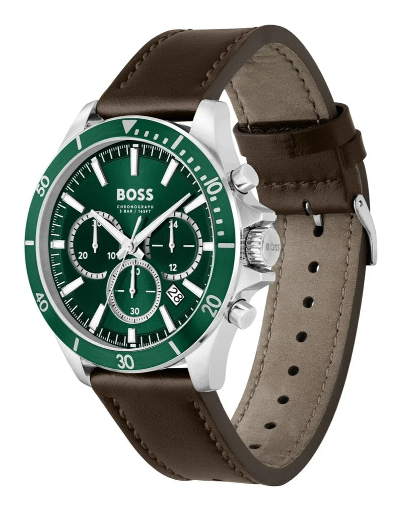 Hugo Boss Troper Chronograph Green Dial Brown Leather Strap Watch - 1514098