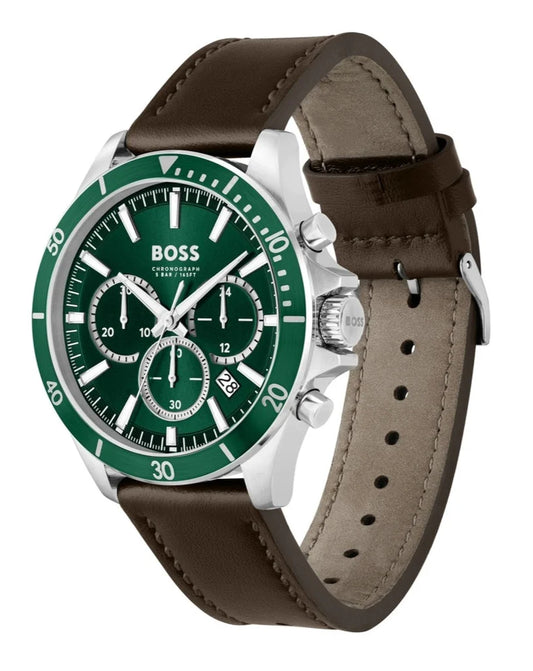 Hugo Boss Troper Chronograph Green Dial Brown Leather Strap Watch - 1514098