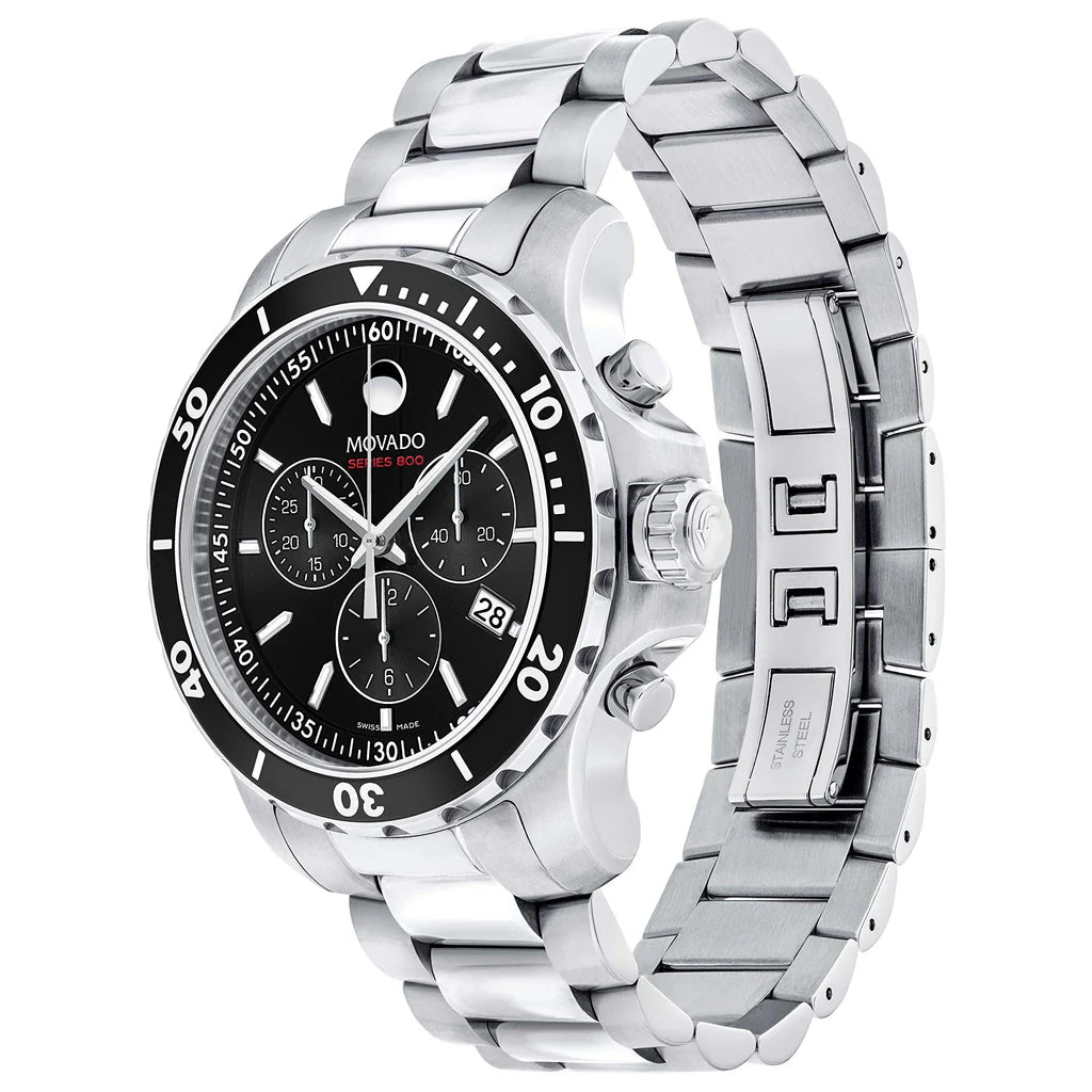 Movado Series 800 Chronograph Black Dial Silver Steel Strap Watch- 2600142