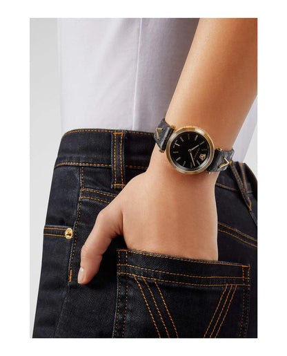 Versace V-Twist Black Dial Black Leather Strap Watch- VELS00619