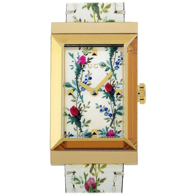 Gucci G-Frame Floral Mother of Pearl Dial White Leather Strap Watch - YA147407
